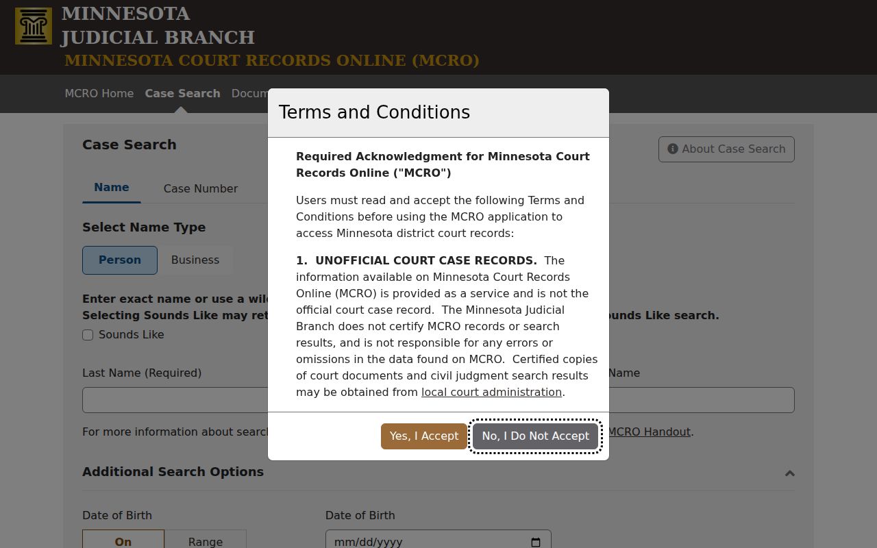 Marshall County docket search MCRO Case Search form