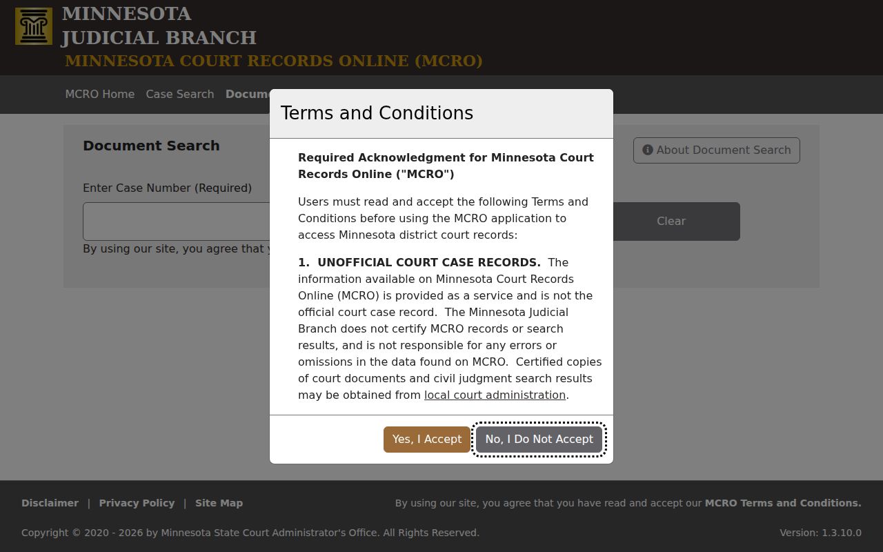 Marshall County case search MCRO Document Search screen