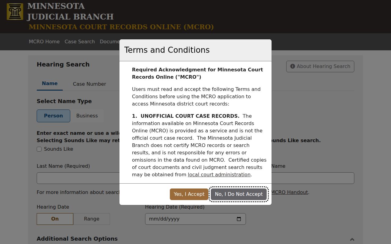 Marshall County case search MCRO Hearing Search form