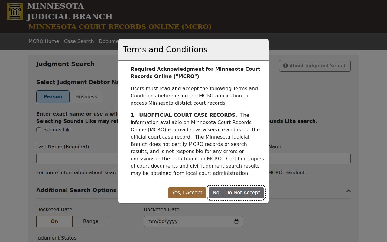 Marshall County case search MCRO Judgment Search screen