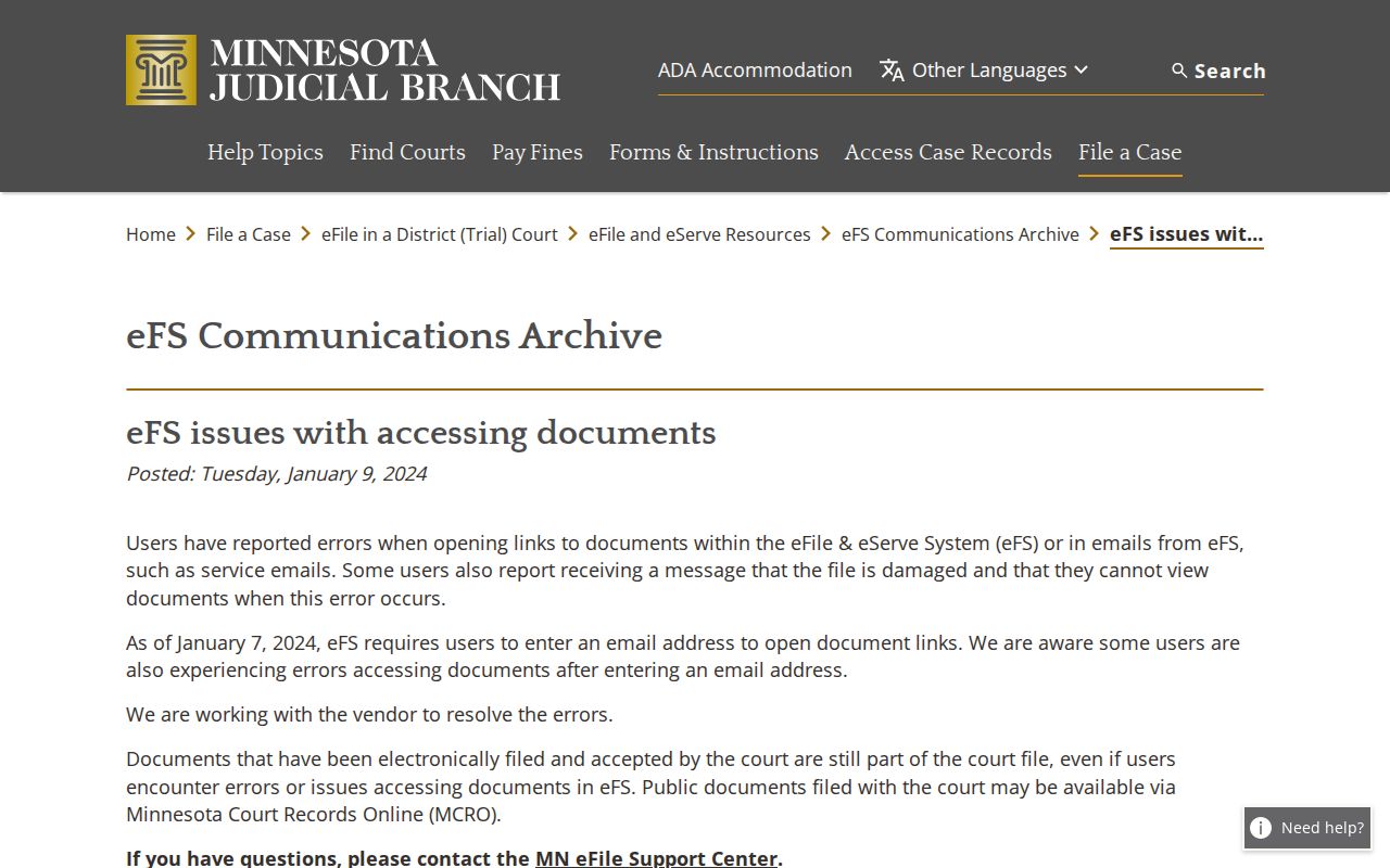 Marshall County civil court docket eFile document-link notice