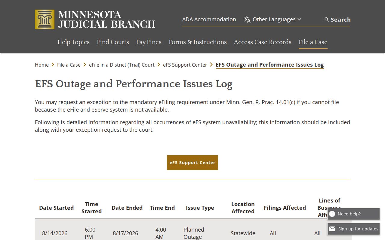 Marshall County civil court docket eFile outage log