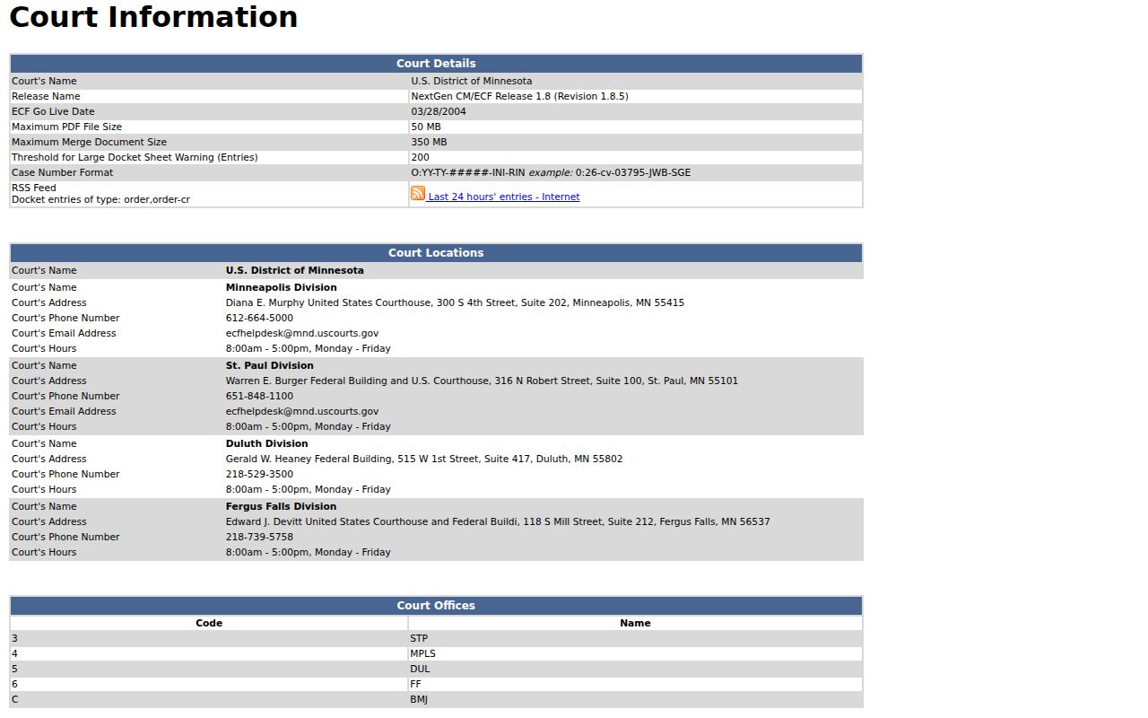 Middle River court records and District of Minnesota CM ECF information