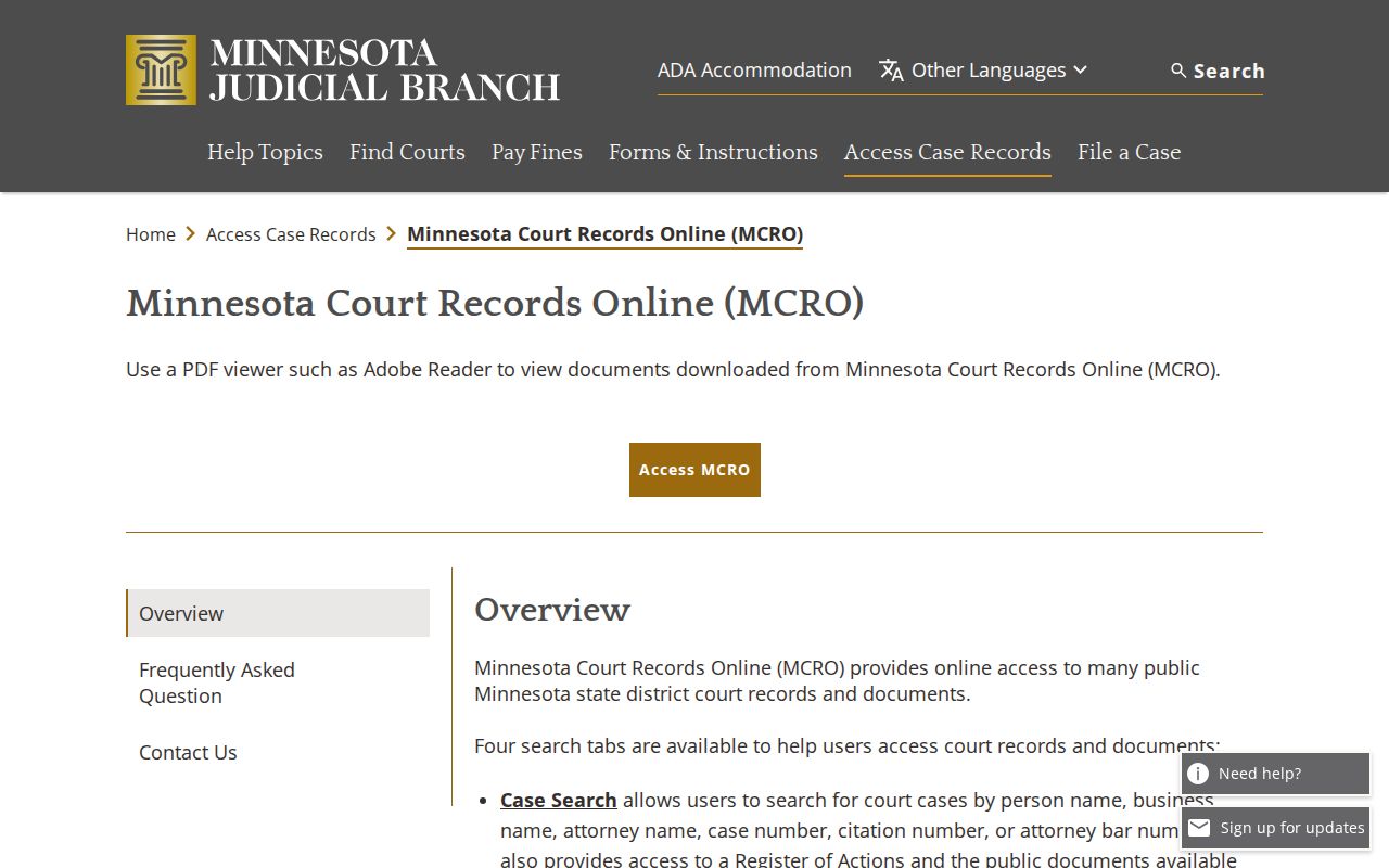 Marshall County court docket source showing MCRO access information